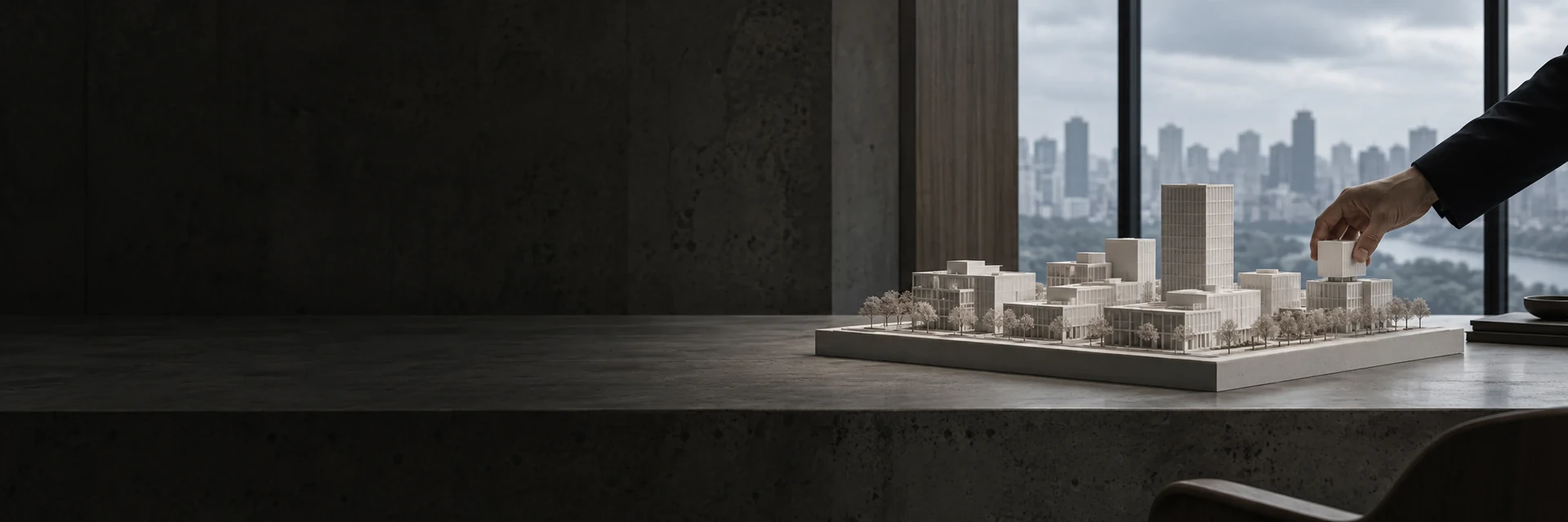 A hand placing a block on a white architectural city model, a skyline beyond the window.